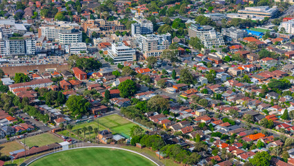 Panorama aerial drone view of western Sydney Suburbs of Canterbury Burwood Ashfield Marrickville...