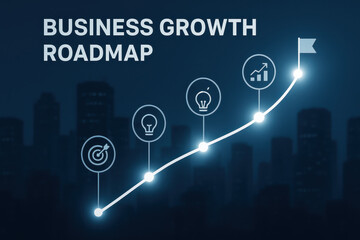 Business growth strategy concept with goal roadmap and success icons on dark city background showing upward progress and achievement