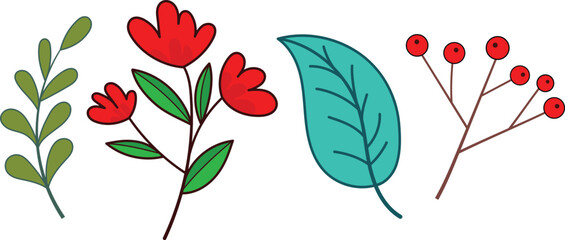 Simple hand-drawn botanical collection featuring green leaves, red flowers, teal leaf, and berry twig 