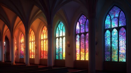 Fototapeta premium Row of tall gothic arched windows displays brilliant, colorful stained glass illumination inside a hushed sanctuary