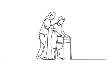 Continuous line drawing. Young woman help old woman using a walking frame. one line Icon drawing with white background