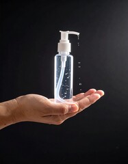 A hand holds a clear bottle with liquid dripping against a black background