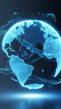 Glowing digital representation of Earth, showcasing continents with a pointillist effect in a blue hue