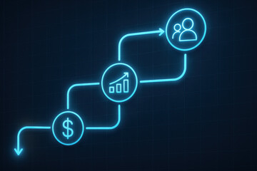 Fototapeta premium Business goal strategy concept with neon icons showing dollar sign, growth chart, and user group connected by arrows on dark background representing success path