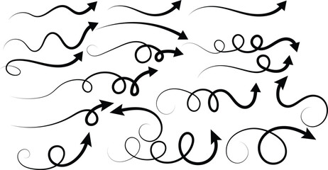 A set elegant hand-drawn black arrows with wavy, swirling, and looped designs