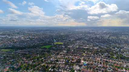 Panorama aerial drone view of western Sydney Suburbs of Canterbury Burwood Ashfield Marrickville Campsie with Houses roads and parks in Sydney New South Wales NSW Australia