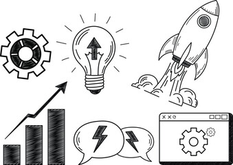 Minimalist hand-drawn business concept set with gear, lightbulb, rocket, and chart icons, perfect for startup or innovation designs