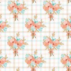 Preppy flirty flower bouquet with bow seamless pattern on check bow background. Vector cute cartoon hand-drawn illustration. Tartan check, textile, baby clothes, wallpaper, scrubbing, fabric