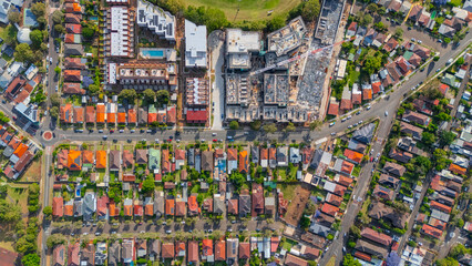 Fototapeta premium Panorama aerial drone view of western Sydney Suburbs of Canterbury Burwood Ashfield Marrickville Campsie with Houses roads and parks in Sydney New South Wales NSW Australia