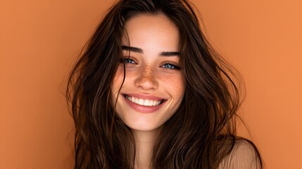 Beautiful young woman with abundant brown hair and striking blue eyes flashes a radiant, genuine smile