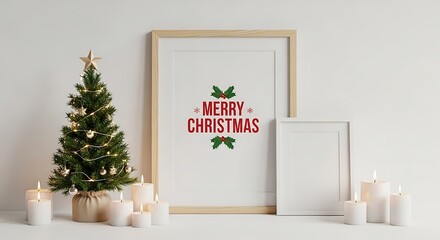 Cozy Christmas scene with decorated tree and glowing candles, perfect for holiday greetings.