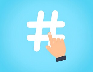 A hand pointing at a large, white hashtag symbol against a bright blue background