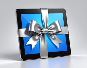A digital tablet wrapped in a shiny silver ribbon and bow, presented on a light gray surface