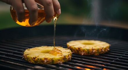A hand pours sauce onto pineapple slices grilling on a barbecue, smoke rising up