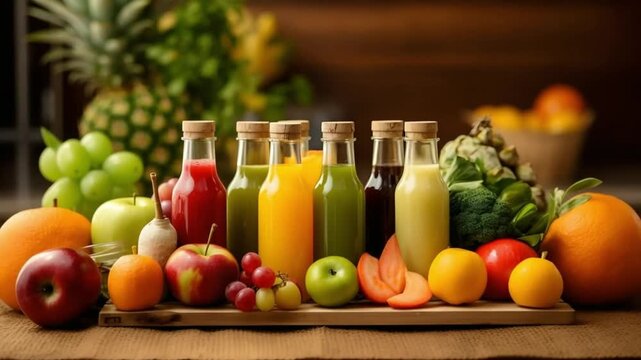 Colorful assortment of fresh juices and fruits on a wooden surface