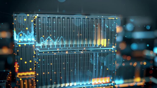 A computer generated image of a cityscape with many cubes. Macro shot of holographic shipping containers, network data overlays, futuristic analytics interface, supply chain data insights