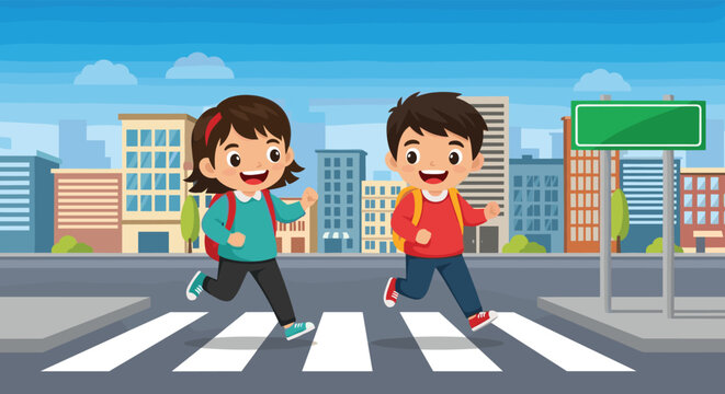 Two happy elementary school children with backpacks are running across a zebra crossing in a city on a sunny day.