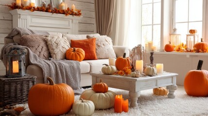 Cozy halloween interior scene with glowing jack o lantern pumpkins, warm orange decorations, candles, and festive autumn home décor creating a cheerful seasonal atmosphere for fall celebration and spo
