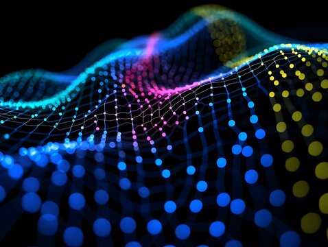 Abstract digital network with glowing blue pink and yellow dots technology data