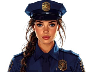 A digitally rendered, attractive police officer with fair skin, brown hair in a braid, and blue uniform