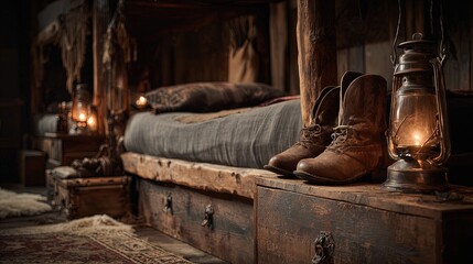 Detailed wild west interior of a cowboy bunkhouse rough wooden beds boots scattered lantern light authentic atmosphere