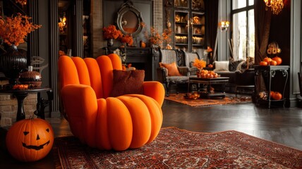 Cozy halloween interior scene with glowing jack o lantern pumpkins, warm orange decorations, candles, and festive autumn home décor creating a cheerful seasonal atmosphere for fall celebration and spo