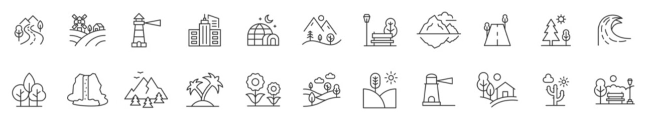 Landscape Line Editable Icons Set. Related Nature, Mountain, River, Park, and Outdoor Vector Symbols