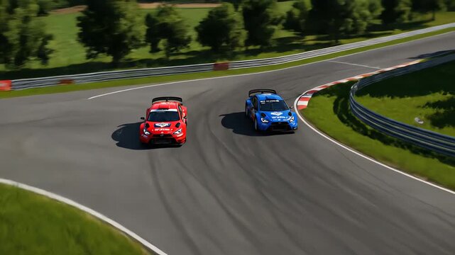 Two Cars Racing on Asphalt Track from Aerial View