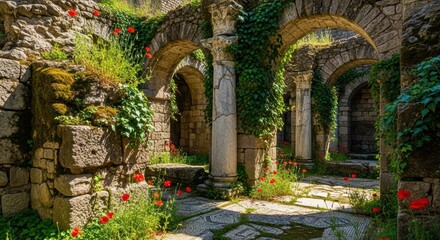 Fototapeta premium Ancient stone ruins with arches and ivy-covered columns in a sunlit garden