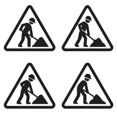 Construction Work Warning Sign Icons with Worker and Shovel Triangle Symbol Set