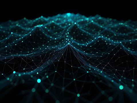 Abstract glowing blue network grid with bokeh lights on black background technology