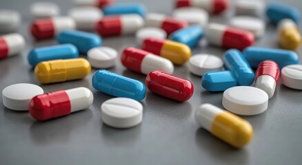 A variety of colorful pills and capsules scattered on a surface, showcasing different shapes and colors, typically representing medications.