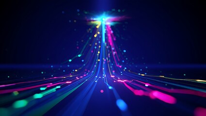 Abstract glowing lines and particles flowing upwards on dark blue background bright