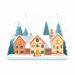 Festive Winter Village Scene Houses Adorned with Holiday Decorations in a Snowy Landscape
