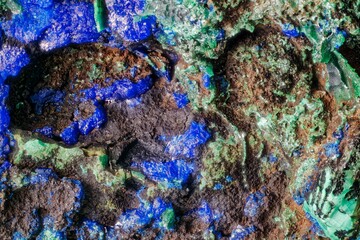 Macro azurite, malachite and limonite from Kamenushinskoe deposit, Russia— vibrant minerals with green-blue palette. Ideal for collections, geology and scientific research.