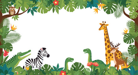 Obraz premium Friendly cartoon jungle and prehistoric animals creating a leafy frame on a white background, perfect for children's designs and messages.