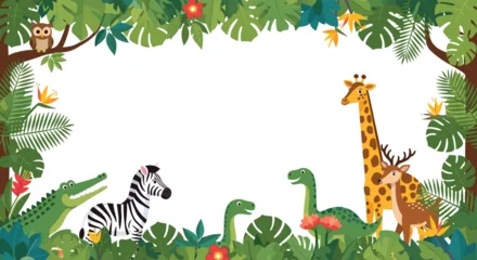 Fotobehang Dierentuin Friendly cartoon jungle and prehistoric animals creating a leafy frame on a white background, perfect for children's designs and messages.  © Uzzal
