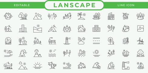 Landscape Line Editable Icon Set. Related Nature, Mountain, River, Forest, Beach, Park, and Outdoor Vector Symbols for Environment and Travel Design © gfxboss