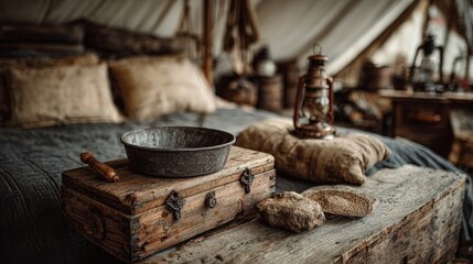 A simple wild west interior of a prospectors tent bedroll mining pan and a small wooden crate authentic feel