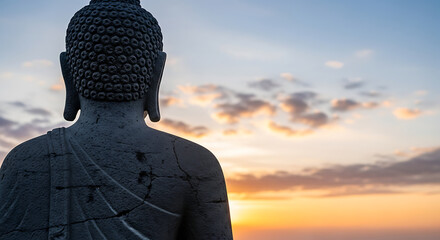 Peaceful moment: Religious figure gazing at the vast horizon.
