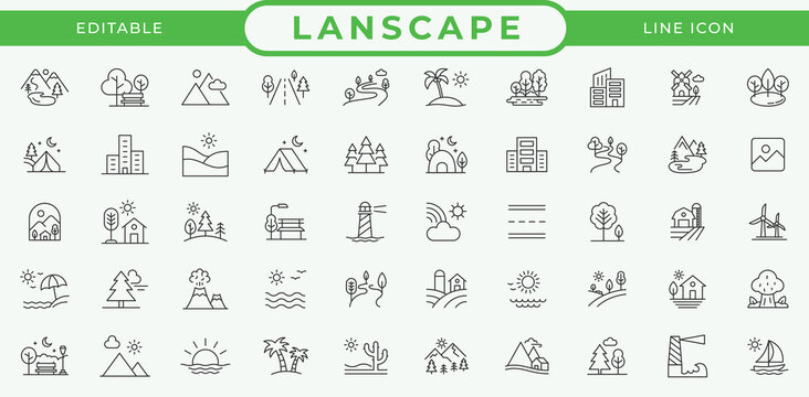 Landscape Line Editable Icon Set. Related Nature, Mountain, River, Forest, Beach, Park, and Outdoor Vector Symbols for Environment and Travel Design