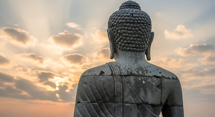 Zen and serenity: Stone Buddha looking at a soft golden light.