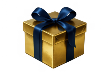 Golden gift box with blue ribbon delivering surprise for celebration, holiday, birthday, and special occasion