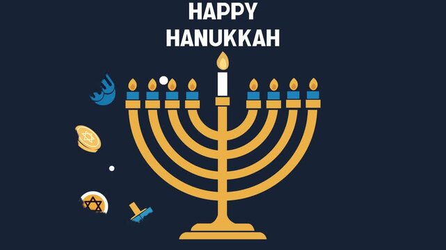 Animated Happy Hanukkah Menorah with Dreidel and Star of David Design