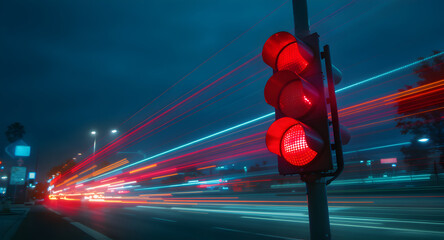 Illuminated red traffic light controlling vehicles movement on road at night with light trails