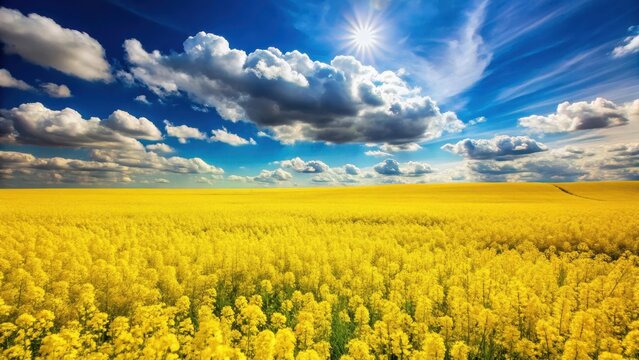 Golden rapeseed fields in full bloom under a bright sunny sky with few fluffy white clouds