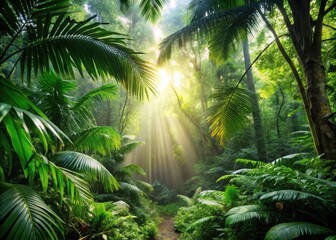 Naklejka premium Tropical jungle clearing with sunlight filtering through trees and leaves