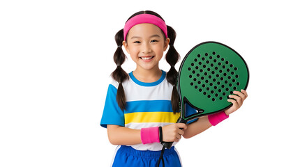 Young asian girl in sportswear holding a green paddle for pickleball isolated on transparent background