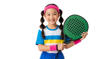 Young asian girl in sportswear holding a green paddle for pickleball isolated on transparent background