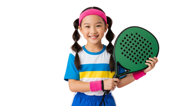 Young asian girl in sportswear holding a green paddle for pickleball isolated on transparent background